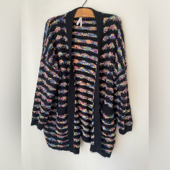 Dreamers Sweater Women’s Medium Black Rainbow Oversized Open Front Cardigan - Picture 4 of 10